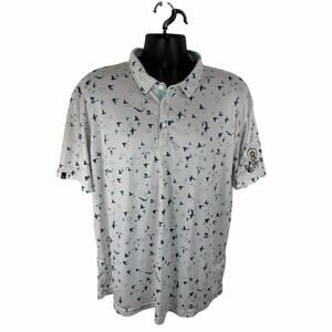 Swannies Golf Polo Size 2XL Birds Geometric Print White Blue Sleeve Logo
